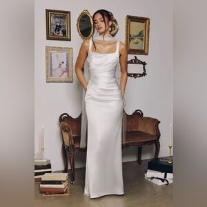 Mila T729W TOBI MAXI Elegant Satin Column Dress Scarf Wedding Bridal Gown Formal